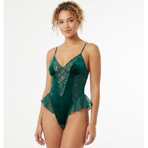 Vtg Y2K Victoria's Secret Bodysuit Women Petite Green Gold Label Burnout Velvet